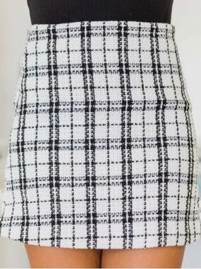 Pink Lilly Black & White Plaid Tweed Mini Skirt